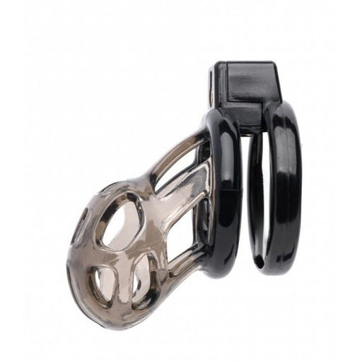 Black and clear plastic chastity device on a white background