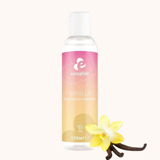 Easylube Vanilla water-based lubricant bottle with vanilla flower and pod on a white background