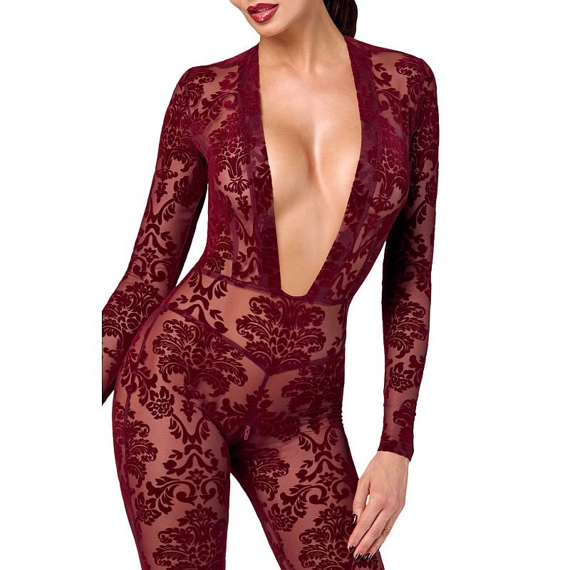 Noir Kink Royal V Neck Catsuit, Red, XS, S, M