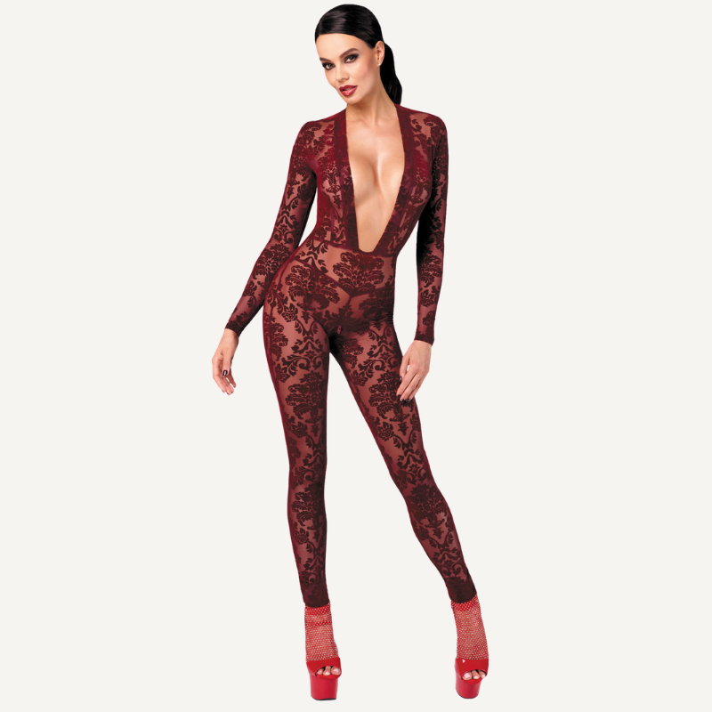 Noir Kink Royal V Neck Catsuit, Red, XS, S, M