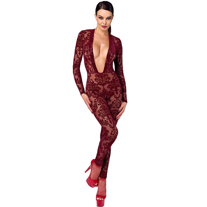 Noir Kink Royal V Neck Catsuit, Red, XS, S, M