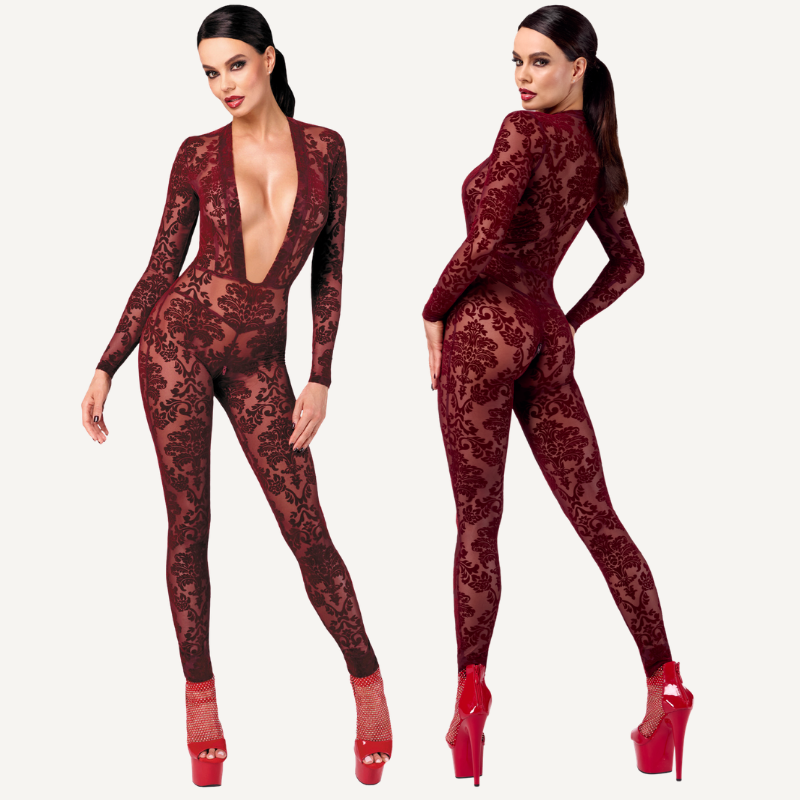 Noir Kink Royal V Neck Catsuit, Red, XS, S, M