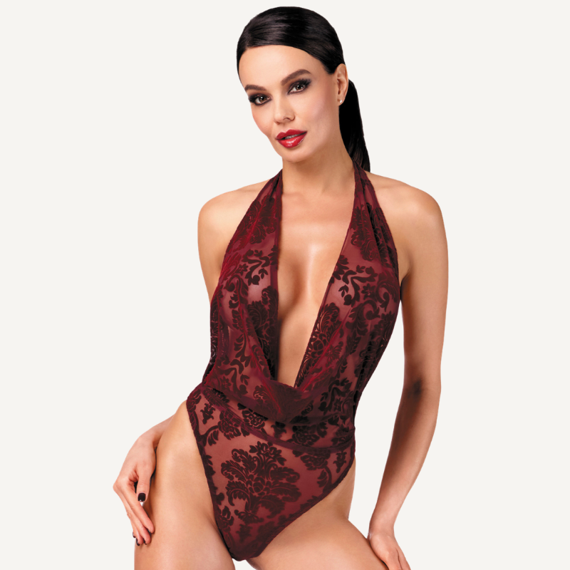 Noir Kink Royal Draped Plunge Bodysuit, Red, XS, S, M