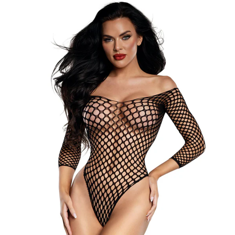 DreamGirl black fishnet off-shoulder bodysuit with long sleeves