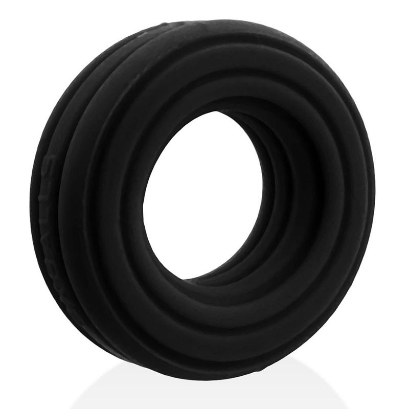Roto black grooved cock ring showing its angled side profile