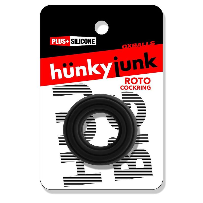 Roto Grooved Gripper black cock ring with Hunkyjunk branded packaging
