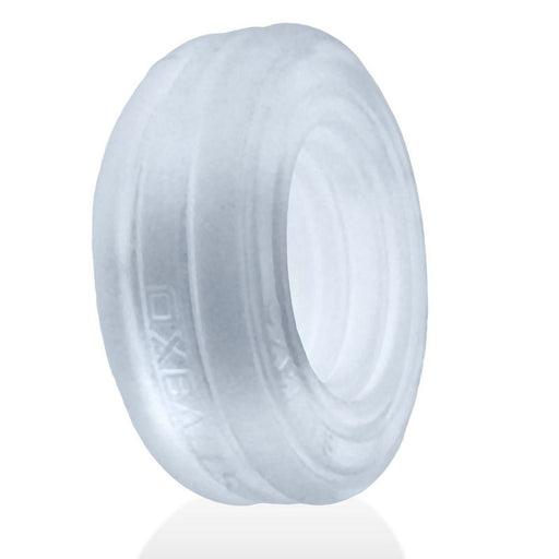 Clear Roto Grooved Gripper cock ring showing its curved side profile