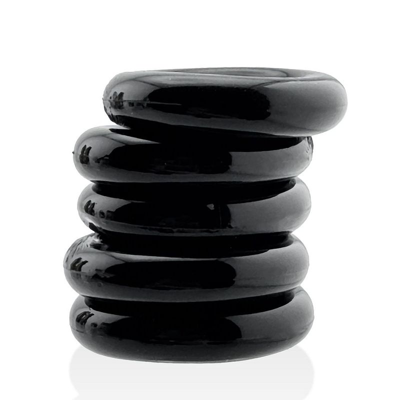 Jacker Stack five-piece black cock ring set stacked together