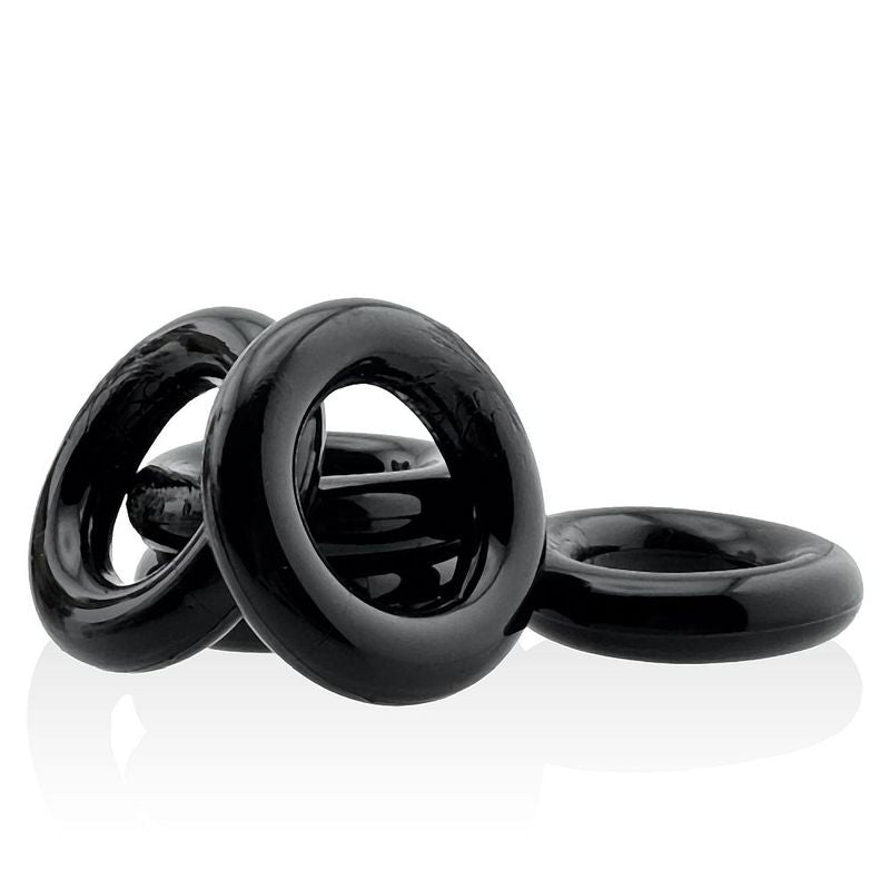 Jacker Stack five flexible black cock rings displayed individually