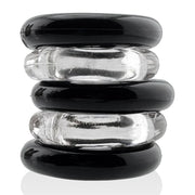 Jacker Stack five-piece cock ring set showing alternating clear and black rings