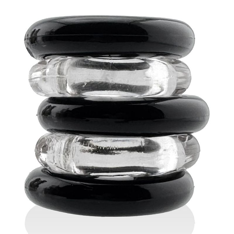 Jacker Stack five-piece cock ring set showing alternating clear and black rings