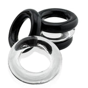 Jacker Stack clear and black flexible cock rings displayed together