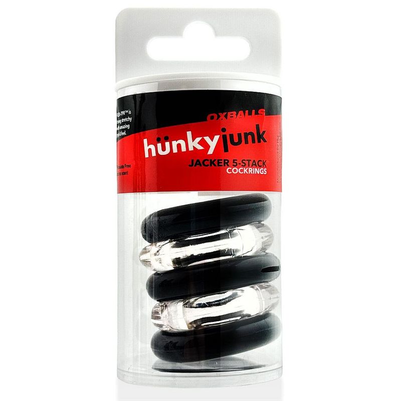 Jacker Stack five-piece cock ring set with branded storage tube