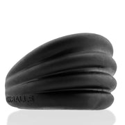 Black Expander Slim Scoop Cock Ring showing its ribbed outer surface and circular opening