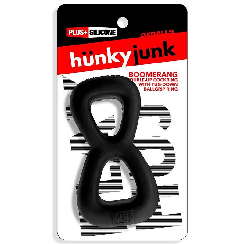 Boomerang black cock ring and ball stretcher with Hunkyjunk branded packaging