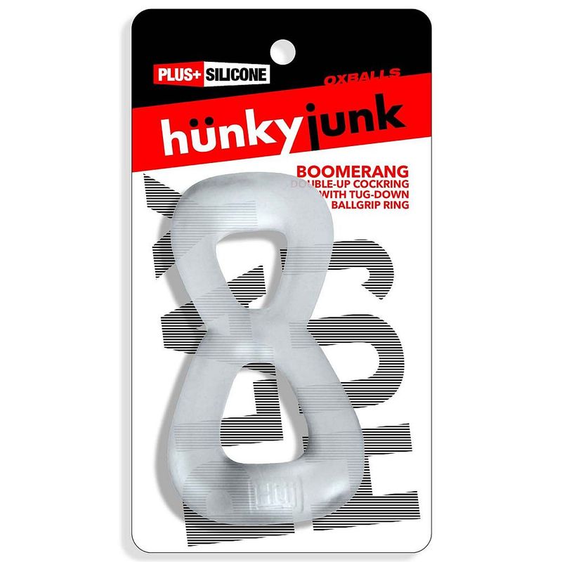 Boomerang clear cock ring and ball stretcher with Hunkyjunk branded packaging