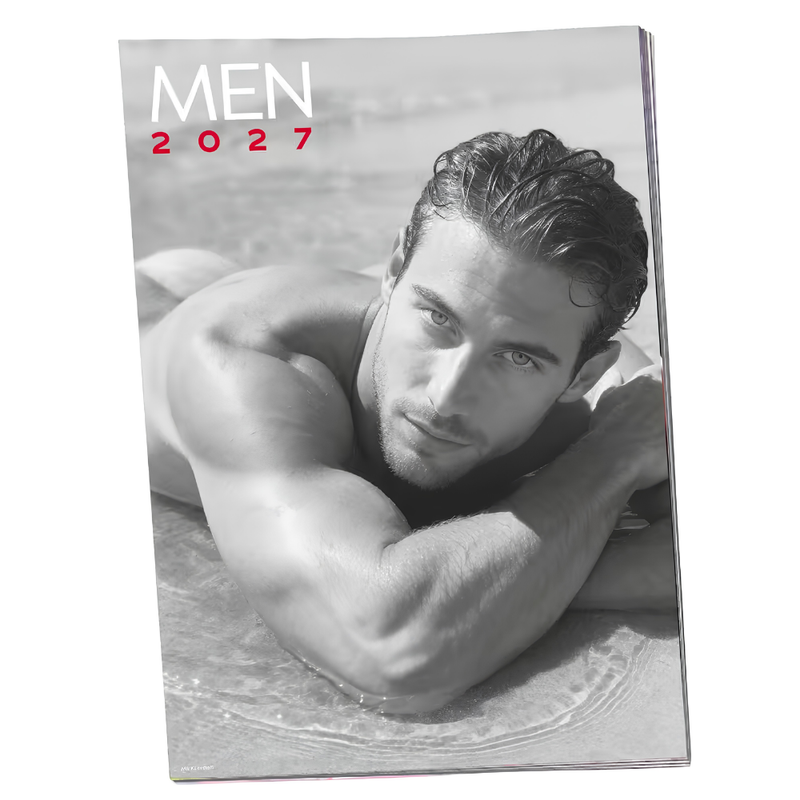 Sexy Men Wall Calendar 2027 cover featuring a male pin-up wall calendar with black and white photography.
