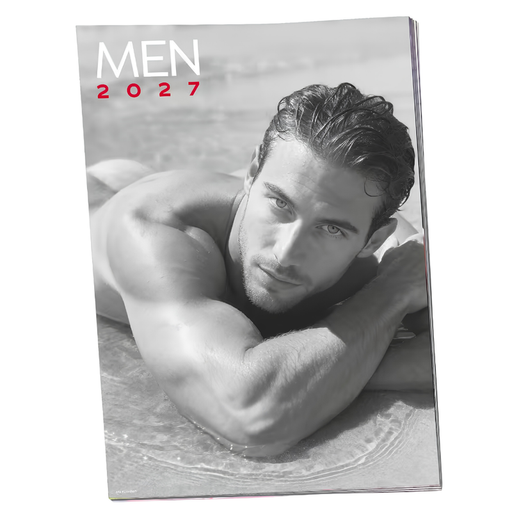 Sexy Men Wall Calendar 2027 cover featuring a male pin-up wall calendar with black and white photography.