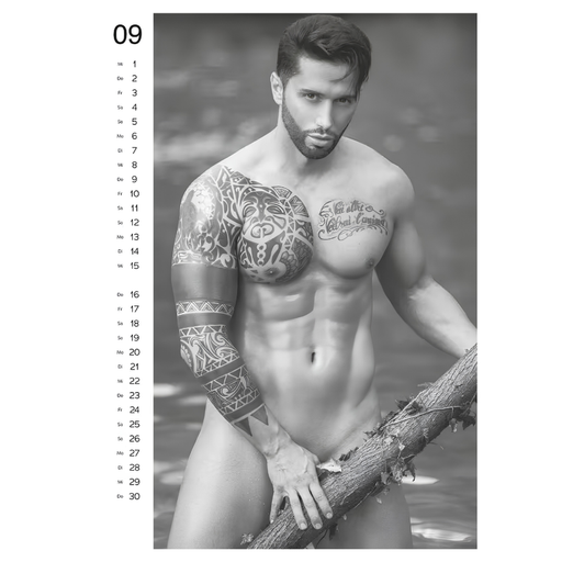 Preview month from the Sexy Men Wall Calendar 2027 featuring a black and white male model photograph.