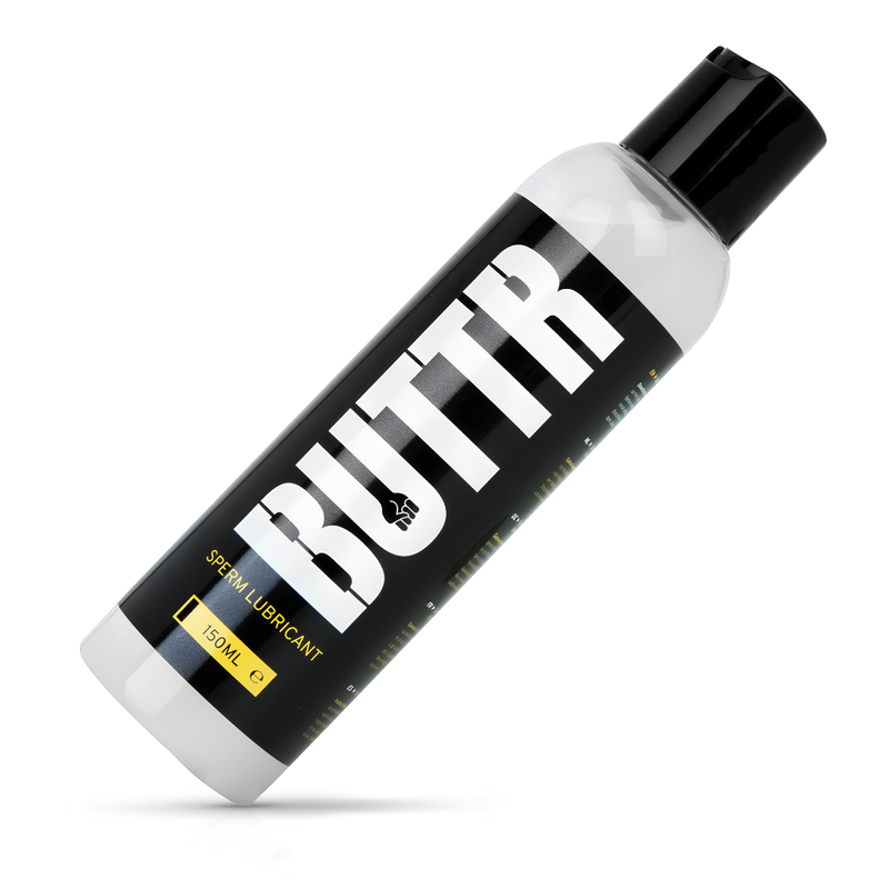 Angled view of the BUTTR White Cum Lubricant bottle and label