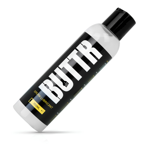 Angled view of the BUTTR White Cum Lubricant bottle and label