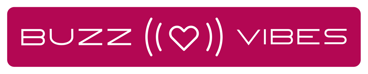 Buzz Vibes logo. White text on pink background, surround heart icon with curved lines indicating 'buzzing'