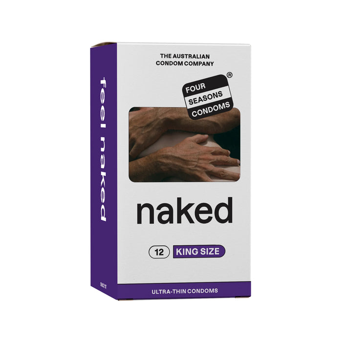 Box of Naked condoms with branding and product details on a white background