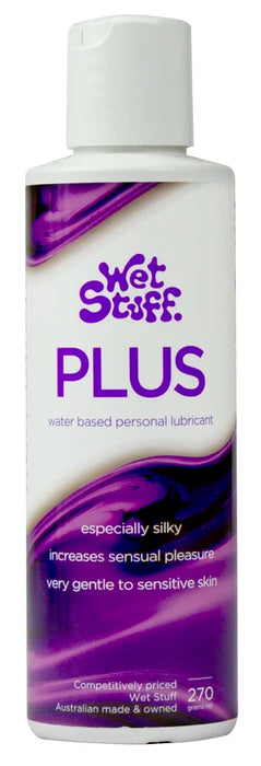 Bottle of Wet Stuff Plus personal lubricant with purple and white design.