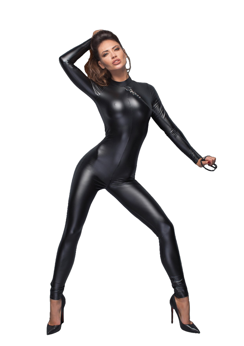 Noir Power Wetlook Overall With Leash And 2 Way Zipper, Black, S/M/L