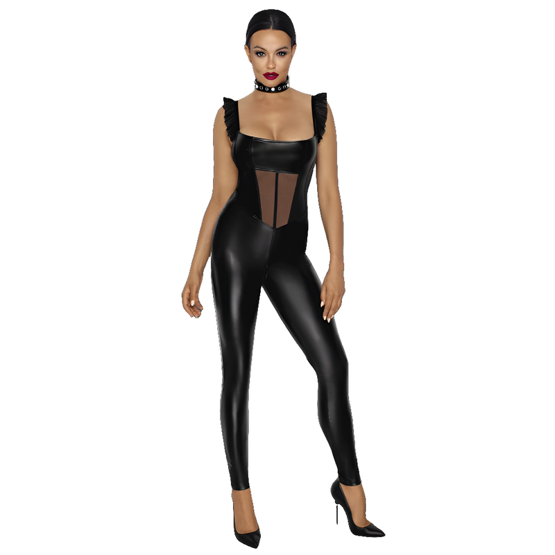 Noir Power Wetlook Overall with Tulle Panel, Black, S/M/L