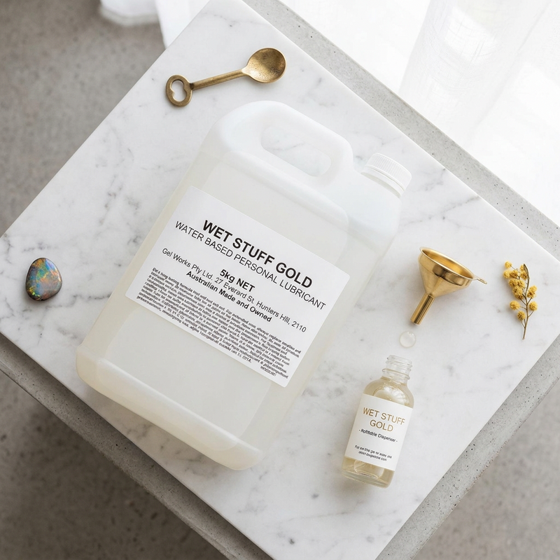 Wet stuff gold 5L on marble showing smaller bottle and funnel.