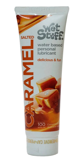 Tube of Wet Stuff Salted Caramel flavored personal lubricant on a white background
