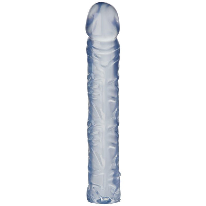 Clear flexible dildo with veins on a white background.