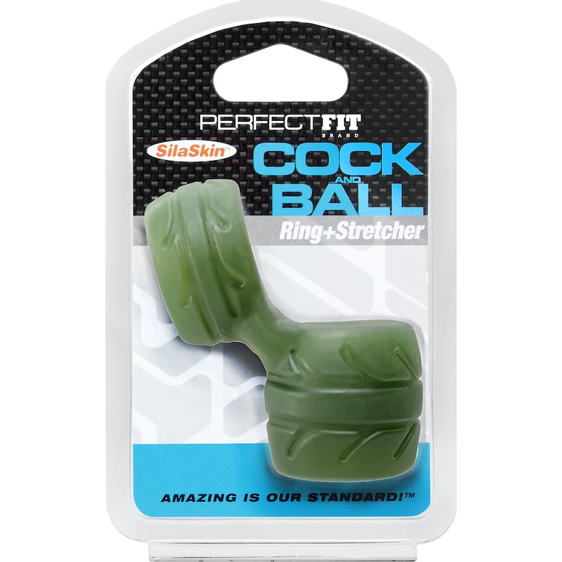 PerfectFit SilaSkin Cock And Ball Cock Ring + Ball Stretcher, Black/Clear/Green