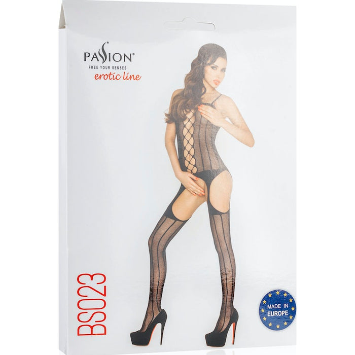 Passion Lingerie Bodystocking Fishnet  With Open Cleavage Black O/S