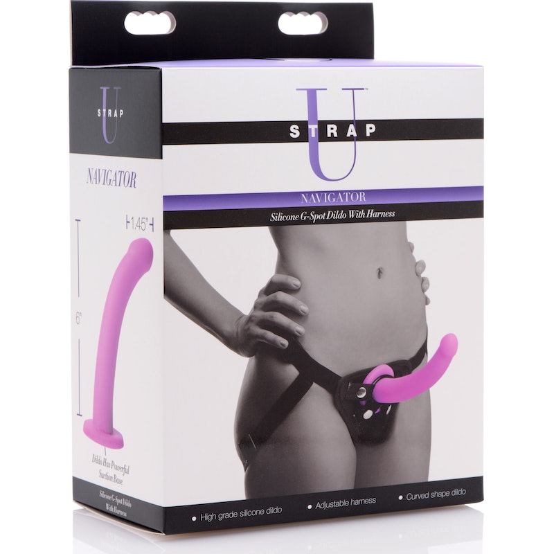 Strap U Navigator Silicone G-Spot Dildo with Harness, Purple