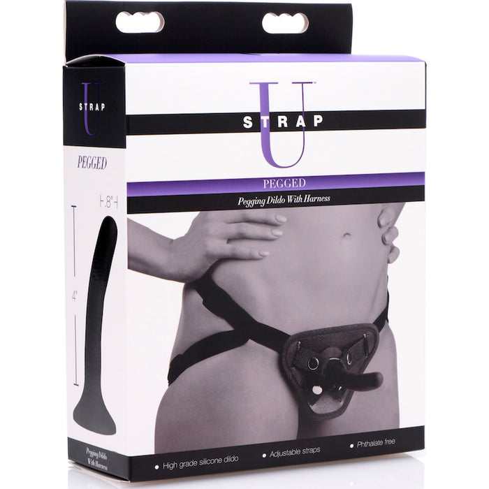 Strap U Pegging Dildo with Harness, 4" insertable, Black