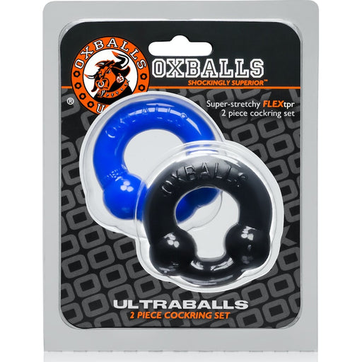 OxBalls ULTRABALLS Cock Ring 2-Pack Black & Police Blue retail packaging.