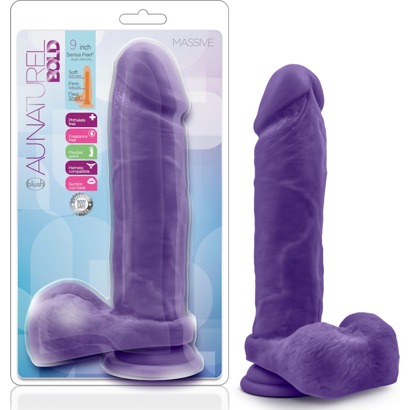 Au Naturel Bold Massive Dildo, 9in/23cm, Purple/Pink/Black