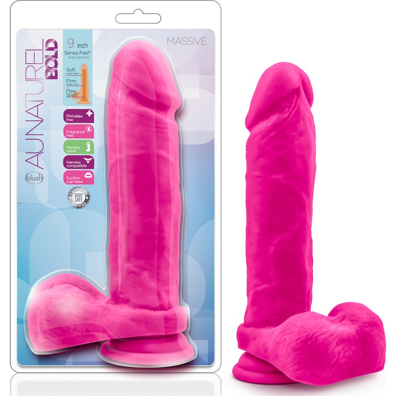 Au Naturel Bold Massive Dildo, 9in/23cm, Purple/Pink/Black