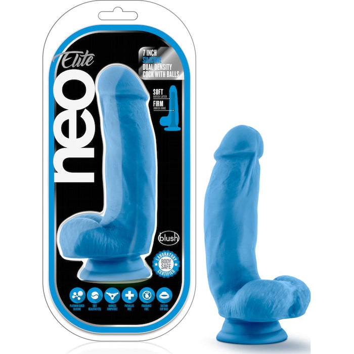 Neo Elite 7in Silicone Dual Density Cock with Balls Neon Blue