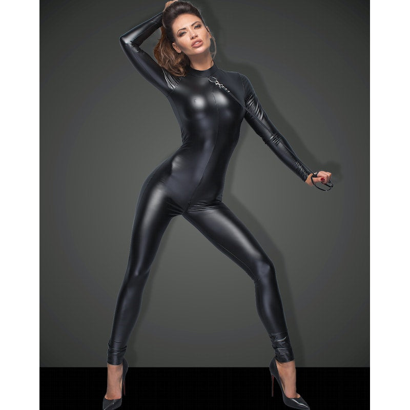 Noir Power Wetlook Overall With Leash And 2 Way Zipper, Black, S/M/L