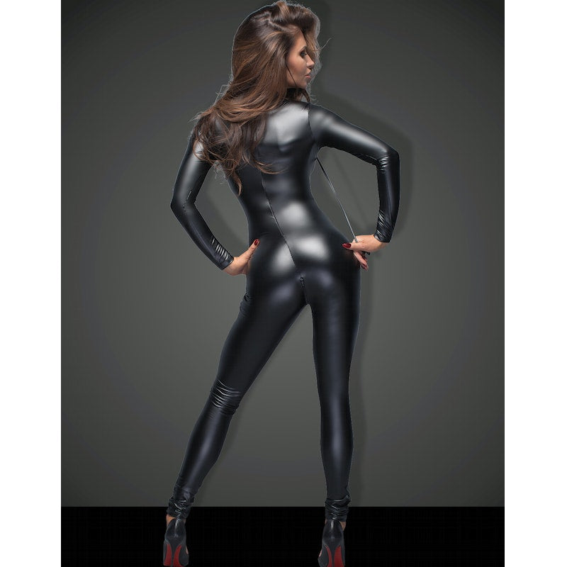 Noir Power Wetlook Overall With Leash And 2 Way Zipper, Black, S/M/L