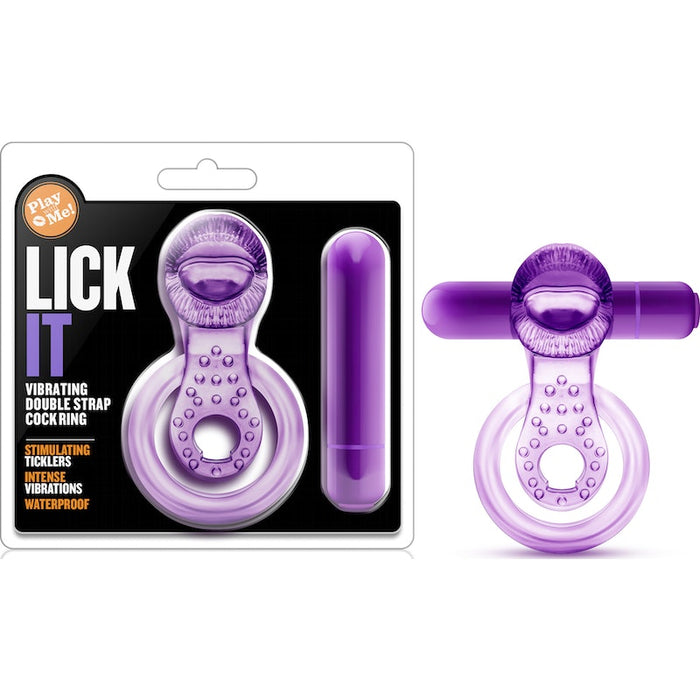 Play With Me Lick It Vibrating Double Strap Cock Ring Purple