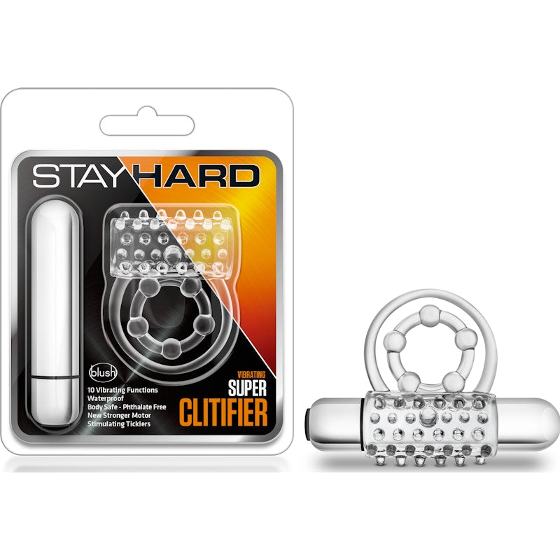 Stay Hard Vibrating Super Clitifier Cock Ring, Clear
