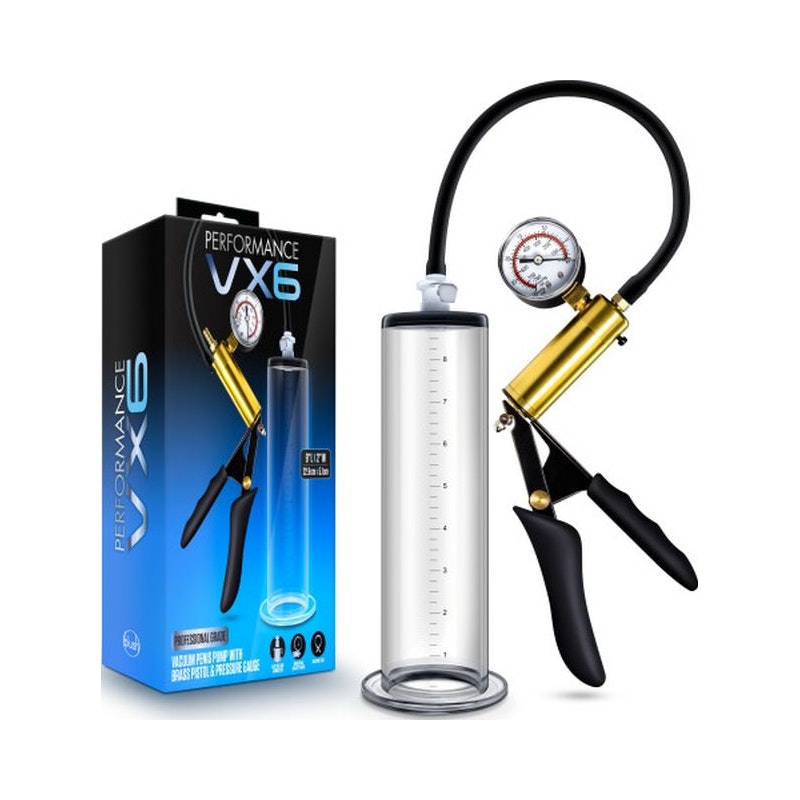 Performance VX6 Brass Pistol Penis Pump with Gauge, 9" x 2" (22.9cm x 5.1cm), Clear