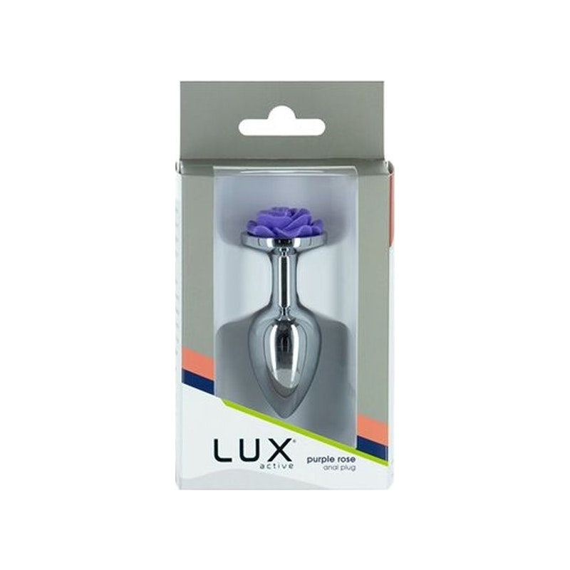 LUX Active Purple Rose 3in Metal Butt Plug, SIlver