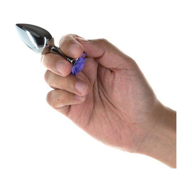 LUX Active Purple Rose 3in Metal Butt Plug, SIlver