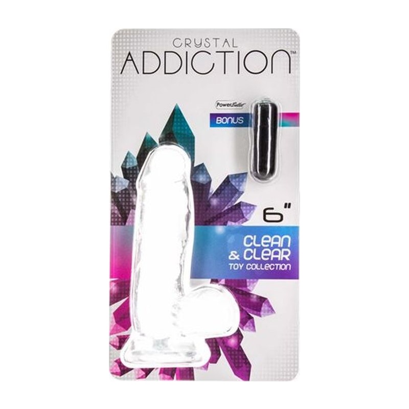 Addiction Crystal Dildo w Balls, 6in/15cm, Clear
