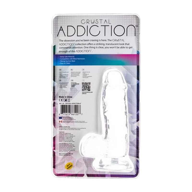 Addiction Crystal Dildo w Balls, 6in/15cm, Clear